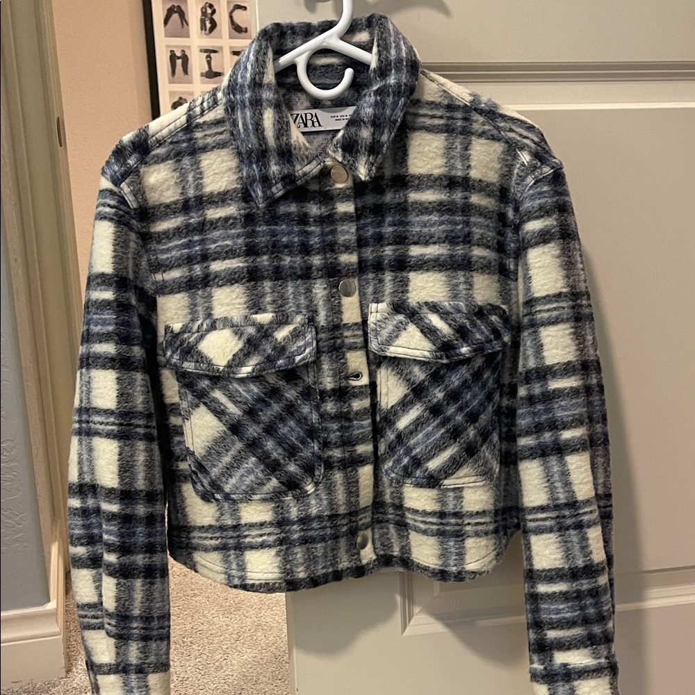 Zara Navy and Cream Checkered Jacket